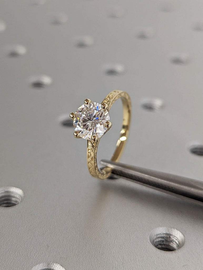 Colorless Moissanite 14k Rose /White /Yellow Gold Engagement Ring Art Deco 1920's Inspired Thin Petite Band 18k Unique Promise Ring for Her