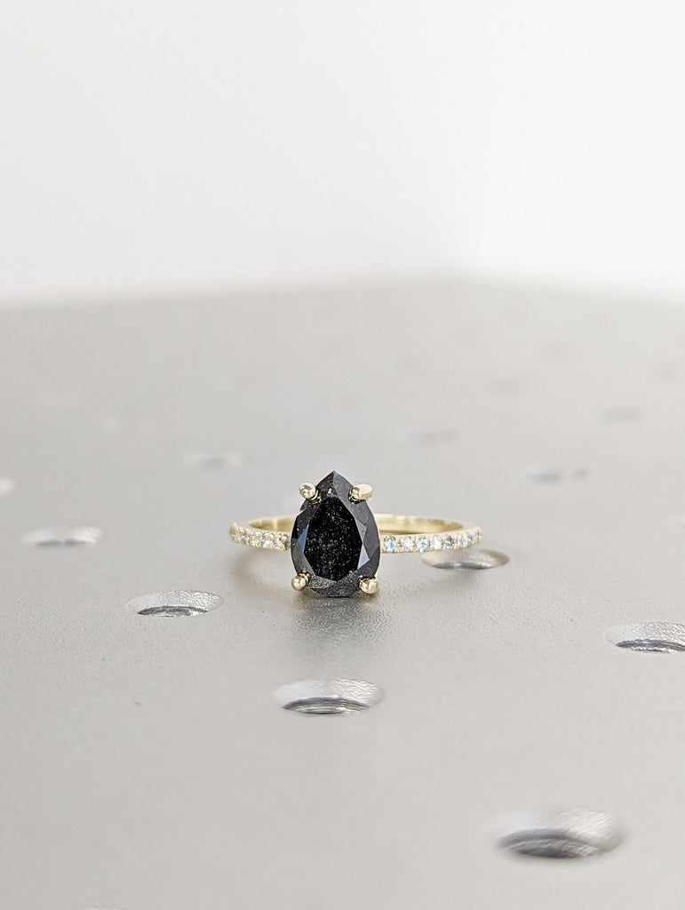 2ct 1920's Raw Salt and Pepper Diamond, Pear Diamond Ring, Unique Engagement Ring, 14k 18k Yellow, Rose, Black or White Gold, Aquamarine