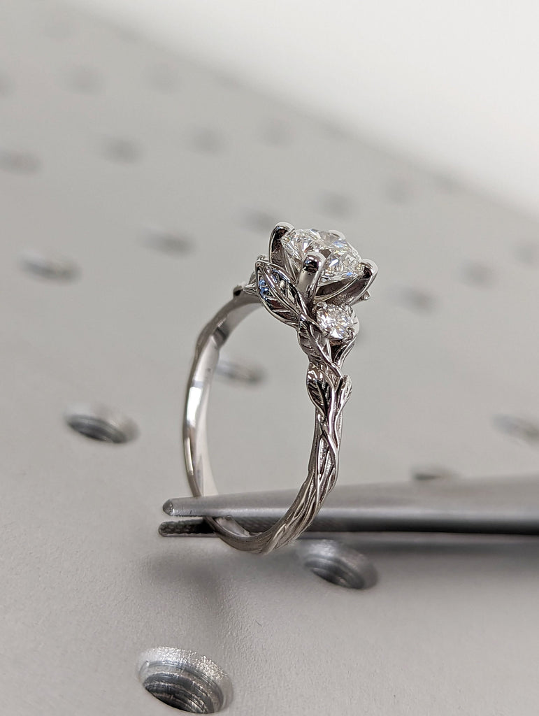 Nature Inspired Moissanite Engagement Ring Leaves Band Round Moissanite Diamond Wedding Ring Leaf Vine Branch Alternative Engagement Ring