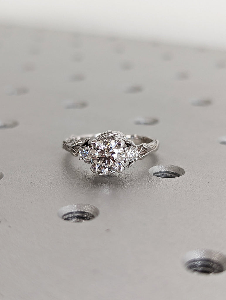 Nature Inspired Moissanite Engagement Ring Leaves Band Round Moissanite Diamond Wedding Ring Leaf Vine Branch Alternative Engagement Ring
