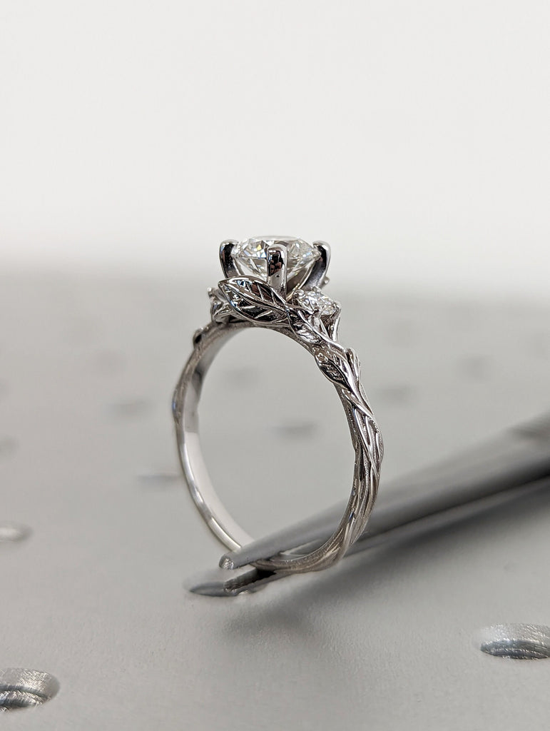 Nature Inspired Moissanite Engagement Ring Leaves Band Round Moissanite Diamond Wedding Ring Leaf Vine Branch Alternative Engagement Ring