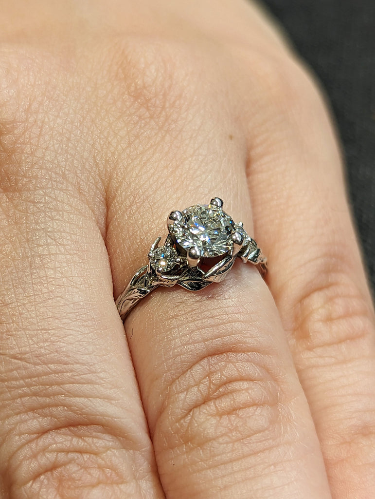 Nature Inspired Moissanite Engagement Ring Leaves Band Round Moissanite Diamond Wedding Ring Leaf Vine Branch Alternative Engagement Ring