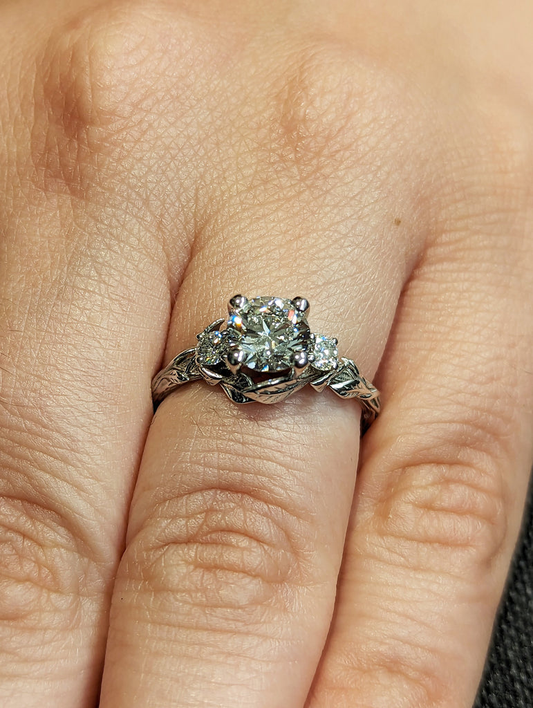 Nature Inspired Moissanite Engagement Ring Leaves Band Round Moissanite Diamond Wedding Ring Leaf Vine Branch Alternative Engagement Ring