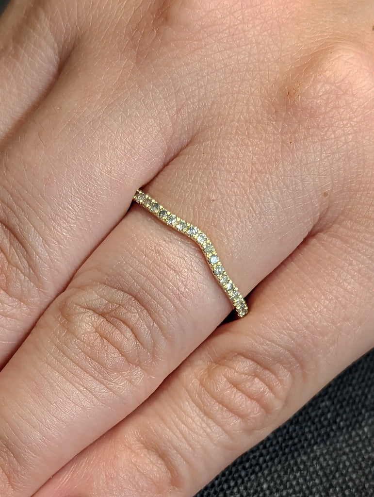 Delicate Diamond wedding band yellow gold Round Salt and Pepper Diamond curved matching band Antique Stacking band diamond ring bridal ring