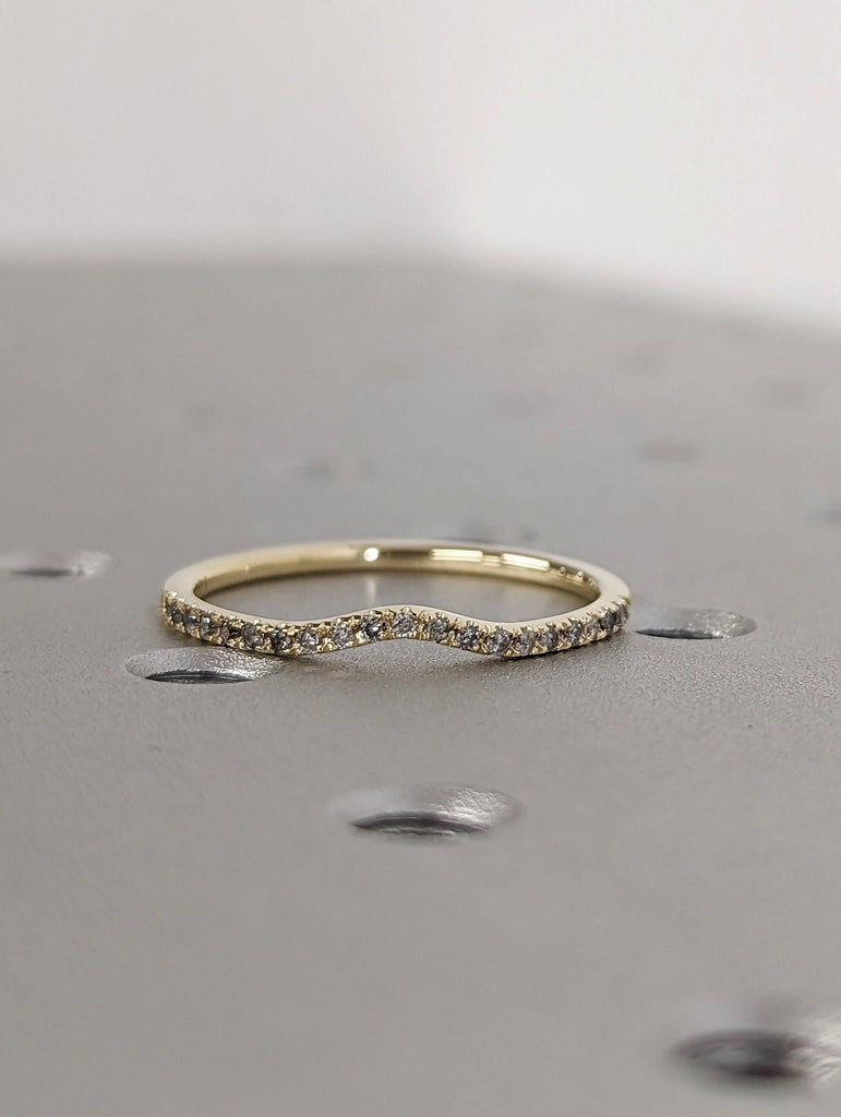 Delicate Diamond wedding band yellow gold Round Salt and Pepper Diamond curved matching band Antique Stacking band diamond ring bridal ring