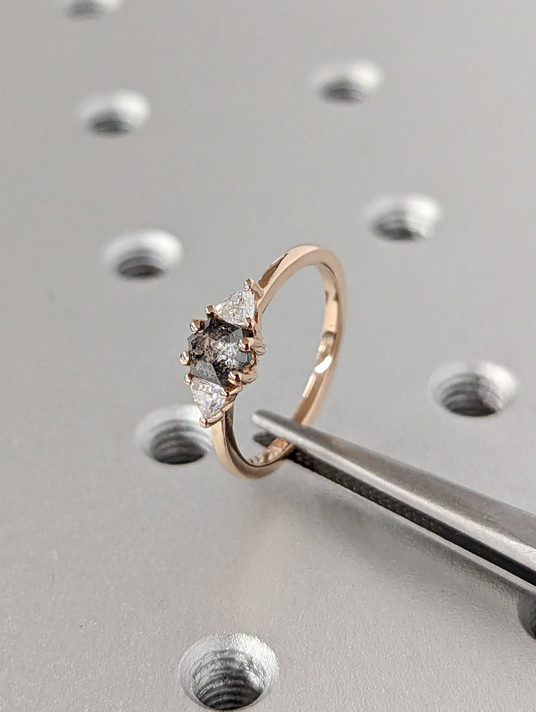 Raw Diamond Hexagon Salt and Pepper, Unique Bridal Engagement Set, Rose Cut Geometric Diamond Ring, Three Stone Ring, Triangle Moissanite