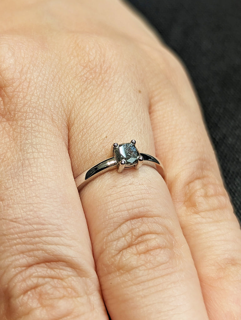 1920's Raw Salt and Pepper Diamond, Rose Cut Cushion Diamond Ring, Unique Engagement, Black, Gray Pear, 14k Yellow, Rose, or White Gold