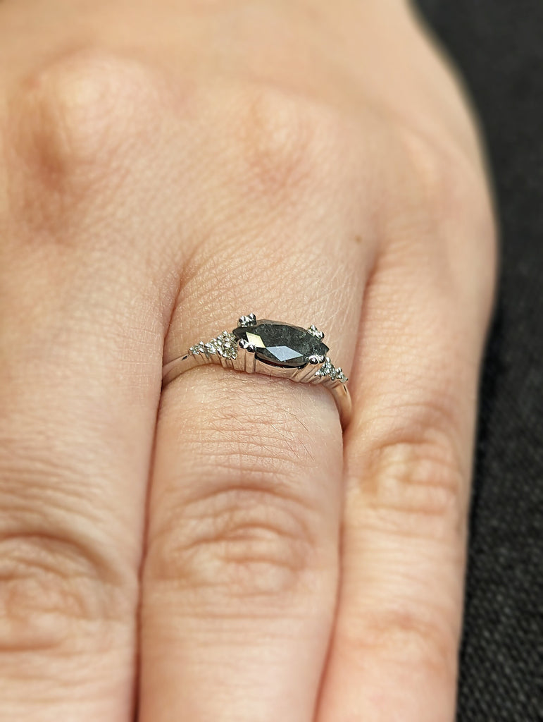 Marquise Salt and Pepper Diamond Wedding Ring, Unique Diamond Wedding Band, Wedding Engagement Ring, Minimalist Diamond Ring