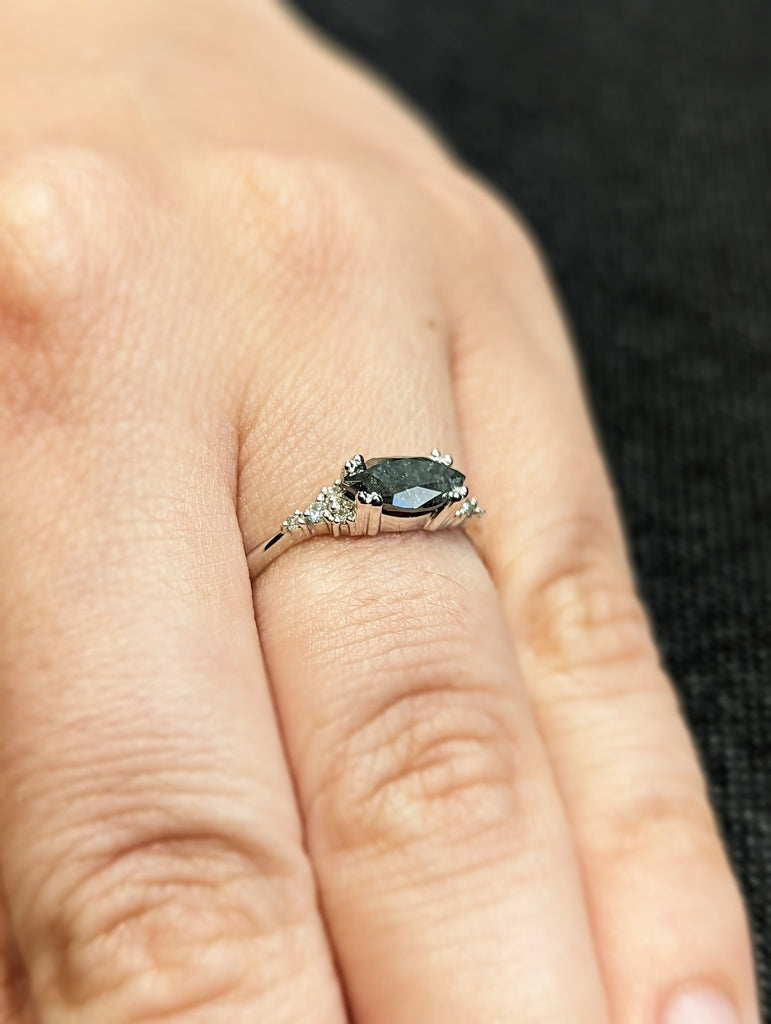 Marquise Salt and Pepper Diamond Wedding Ring, Unique Diamond Wedding Band, Wedding Engagement Ring, Minimalist Diamond Ring
