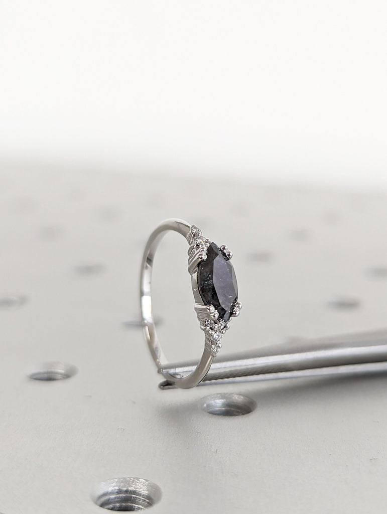 Marquise Salt and Pepper Diamond Wedding Ring, Unique Diamond Wedding Band, Wedding Engagement Ring, Minimalist Diamond Ring
