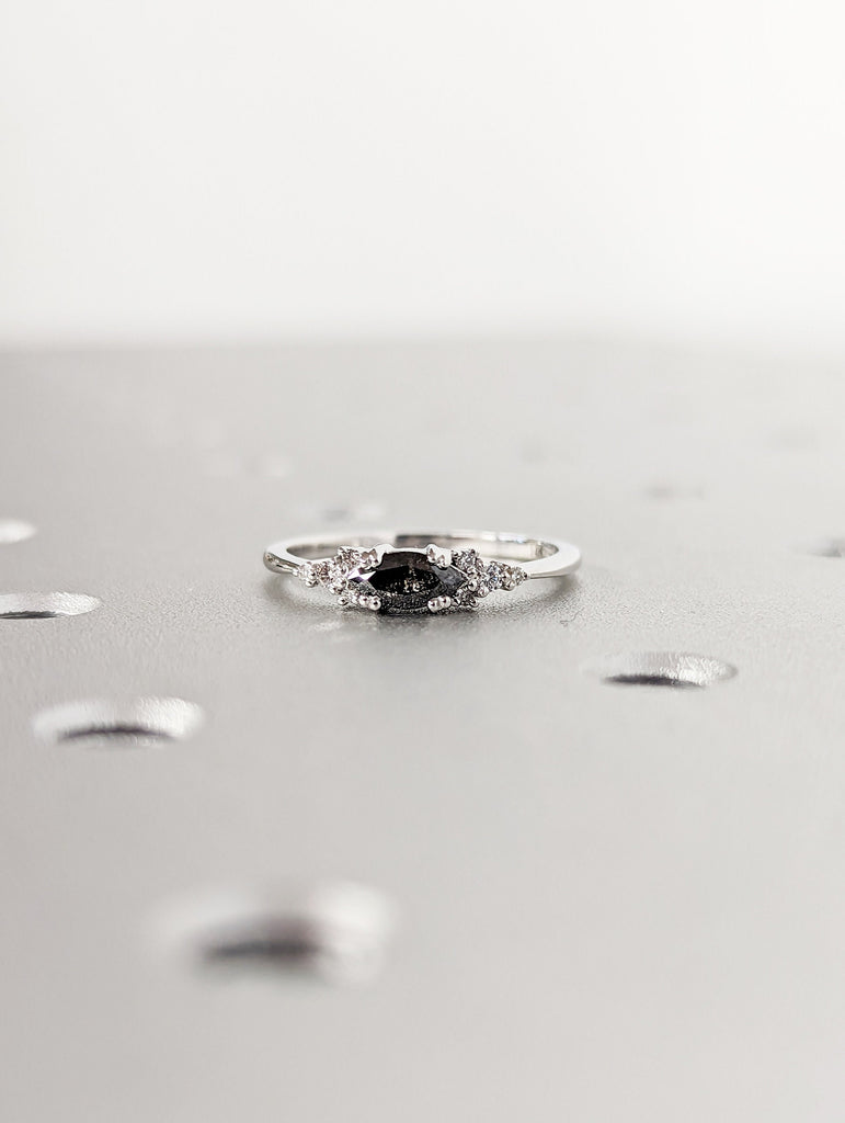 Marquise Salt and Pepper Diamond Wedding Ring, Unique Diamond Wedding Band, Wedding Engagement Ring, Minimalist Diamond Ring