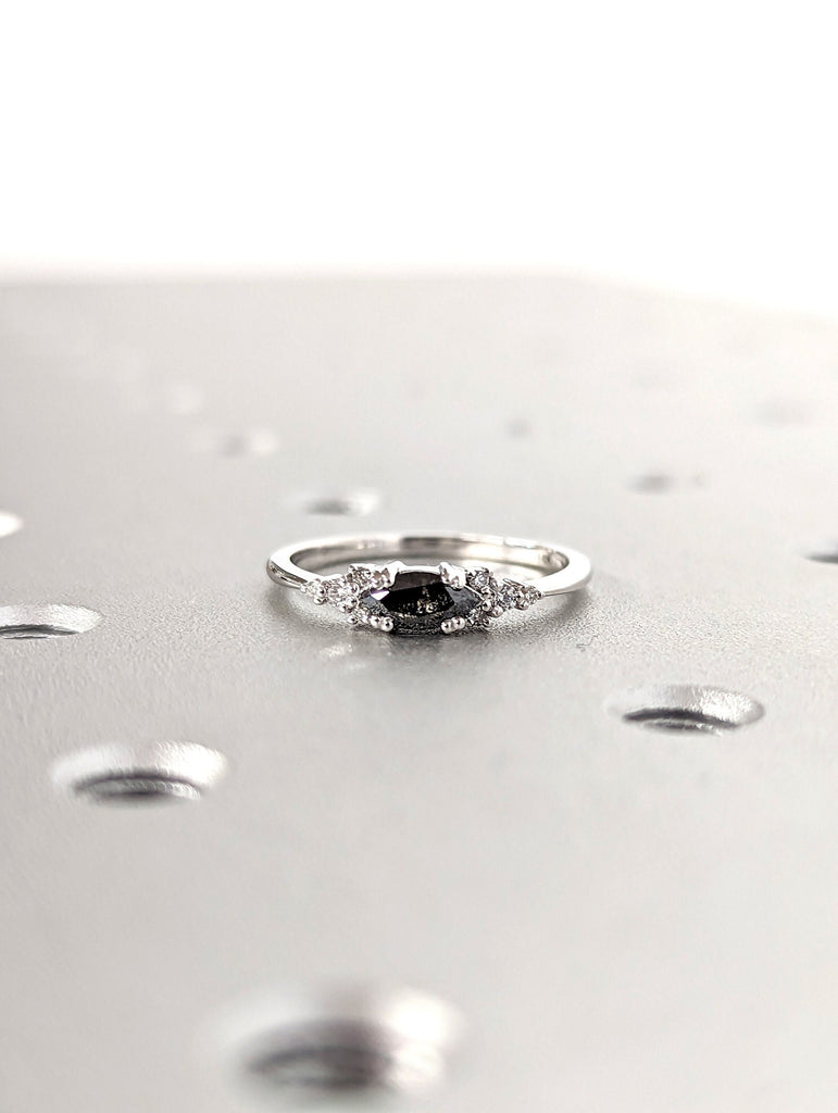 Marquise Salt and Pepper Diamond Wedding Ring, Unique Diamond Wedding Band, Wedding Engagement Ring, Minimalist Diamond Ring