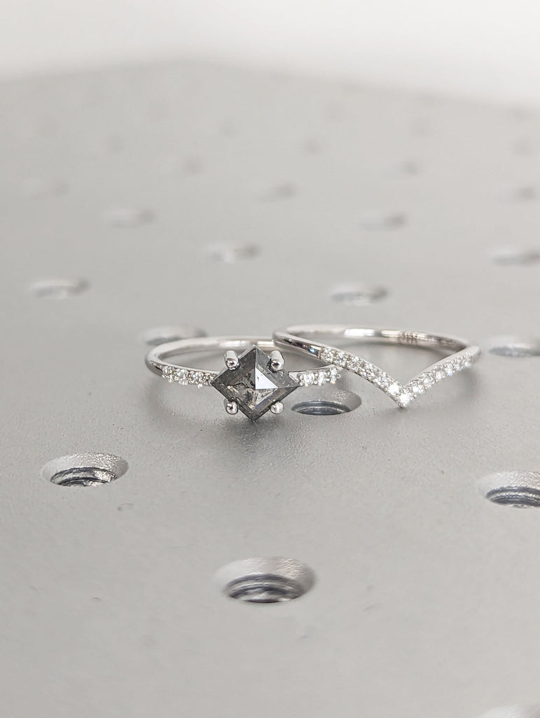 Alternative Diamond Engagement Ring Salt And Pepper Diamond, Kite Diamond Ring, Unique Salt Pepper Diamond Ring, Bridal Set