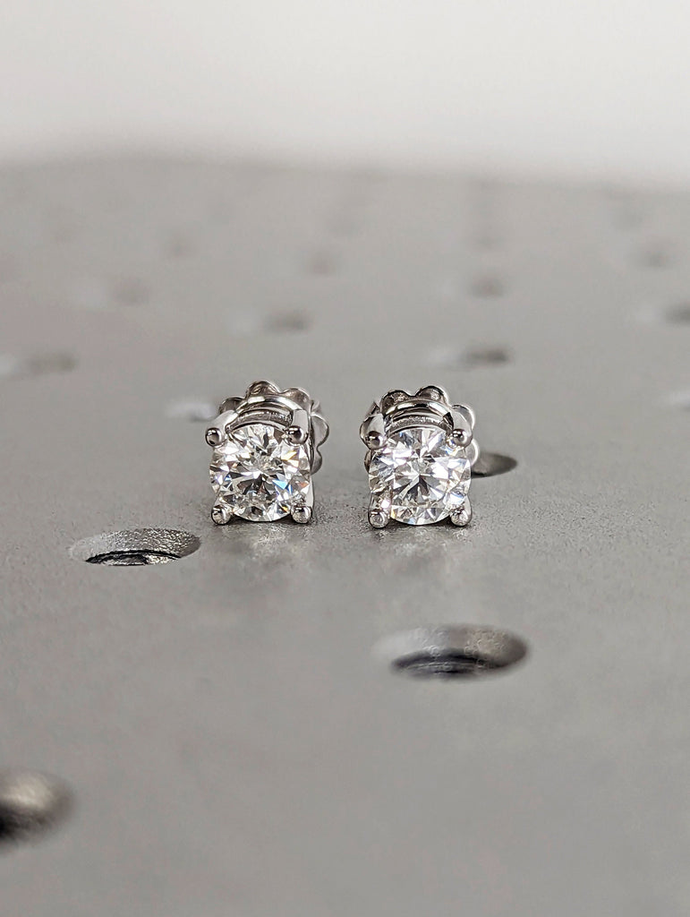 Diamond Stud Earrings, 0.75 Carat Man Made Diamond Simulant Studs, 14k White Solid Gold, Birthday Gift with Box, 4-Prong Diamond Solitaire