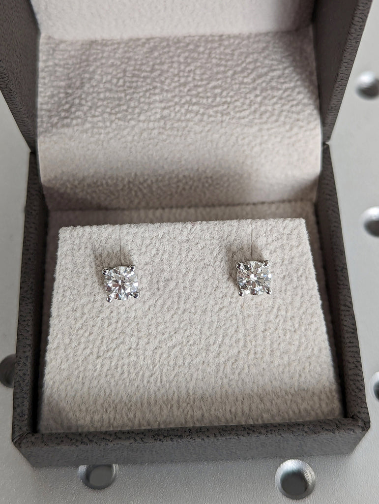 Diamond Stud Earrings, 0.75 Carat Man Made Diamond Simulant Studs, 14k White Solid Gold, Birthday Gift with Box, 4-Prong Diamond Solitaire