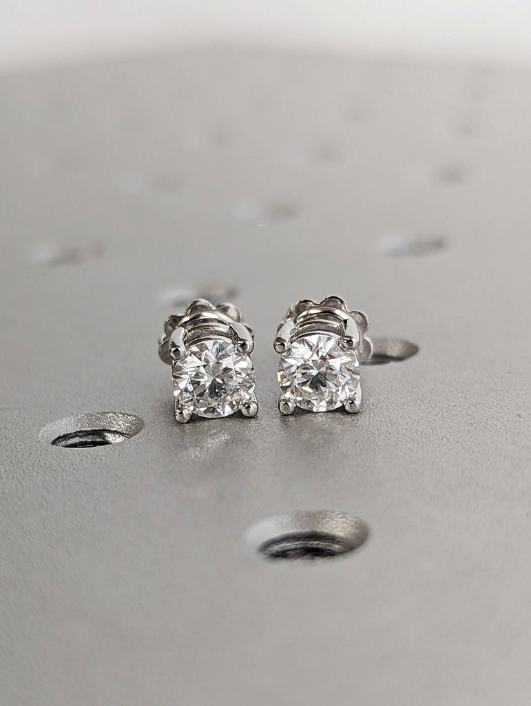 Diamond Stud Earrings, 0.75 Carat Man Made Diamond Simulant Studs, 14k White Solid Gold, Birthday Gift with Box, 4-Prong Diamond Solitaire