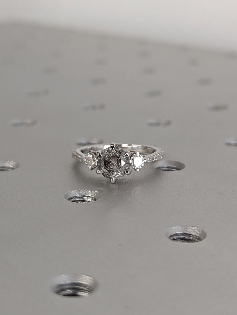 Vintage Salt and pepper diamond engagement ring white gold Unique Round Shaped ring moissanite diamond eternity bridal ring Anniversary ring image #3