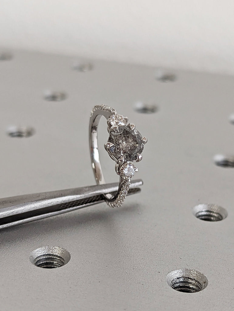 Vintage Salt and pepper diamond engagement ring white gold Unique Round Shaped ring moissanite diamond eternity bridal ring Anniversary ring image #9