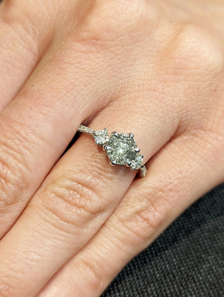Vintage Salt and pepper diamond engagement ring white gold Unique Round Shaped ring moissanite diamond eternity bridal ring Anniversary ring image #10
