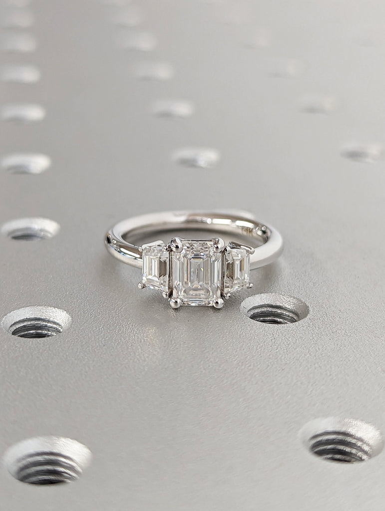 Three Stone Emerald Cut Moissanite Engagement Ring, Side Trapezoid Moissanite, Three Stone Engagement Ring, Emerald Cut and trapezoid Cut