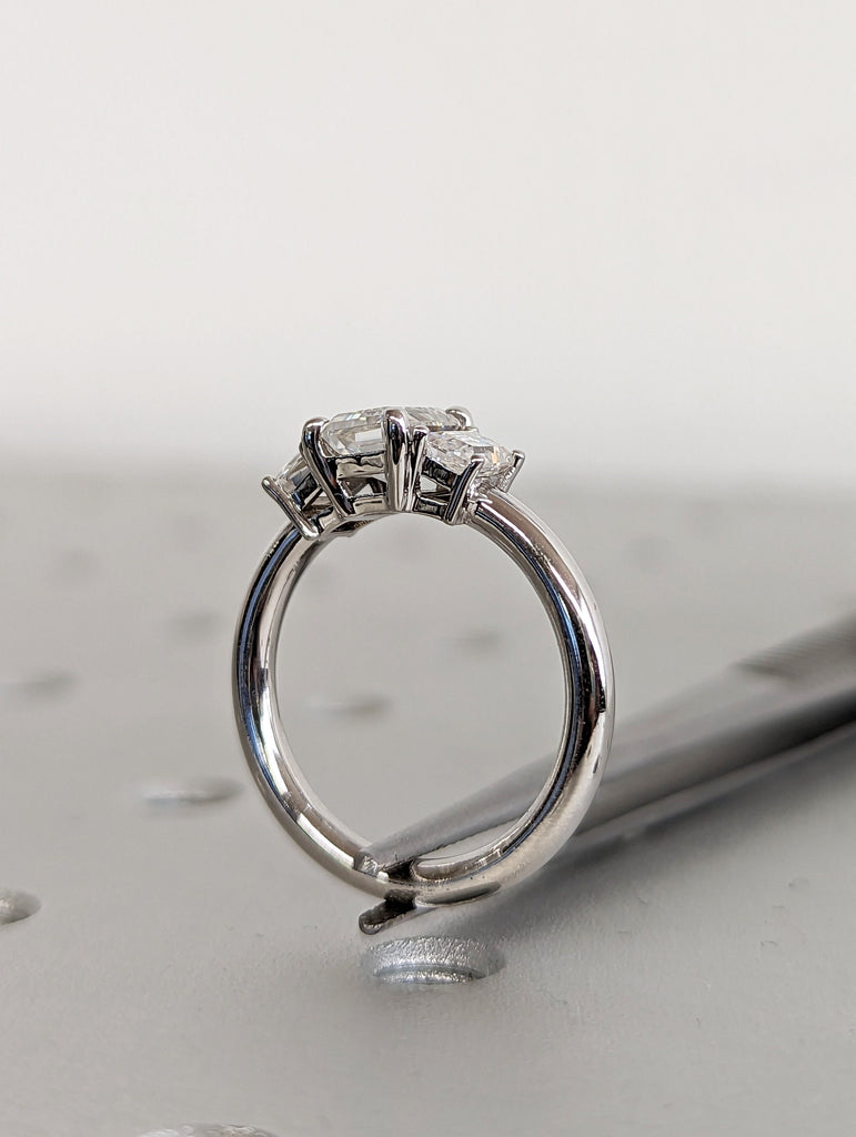 Three Stone Emerald Cut Moissanite Engagement Ring, Side Trapezoid Moissanite, Three Stone Engagement Ring, Emerald Cut and trapezoid Cut
