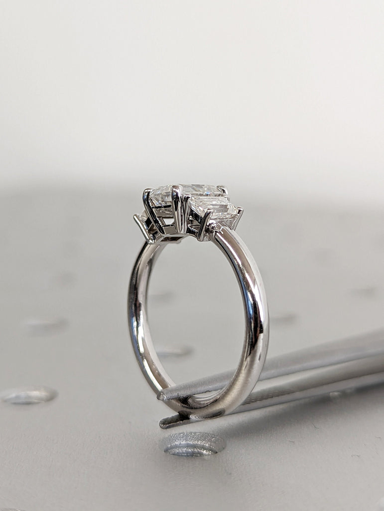 Three Stone Emerald Cut Moissanite Engagement Ring, Side Trapezoid Moissanite, Three Stone Engagement Ring, Emerald Cut and trapezoid Cut