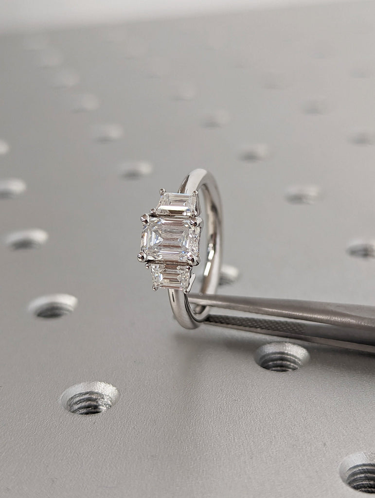 Three Stone Emerald Cut Moissanite Engagement Ring, Side Trapezoid Moissanite, Three Stone Engagement Ring, Emerald Cut and trapezoid Cut