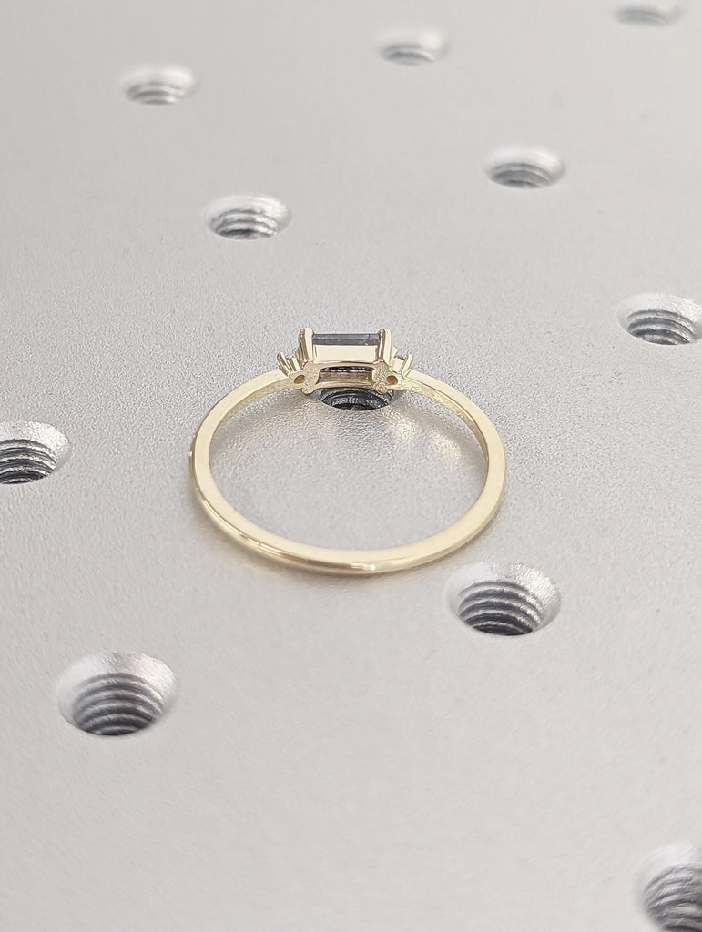 Elongated Emerald Baguette Raw Salt and Pepper Diamond Gold Engagement Ring Art Deco 1920s Inspired Thin Petite Band 14k Unique Ring for Her