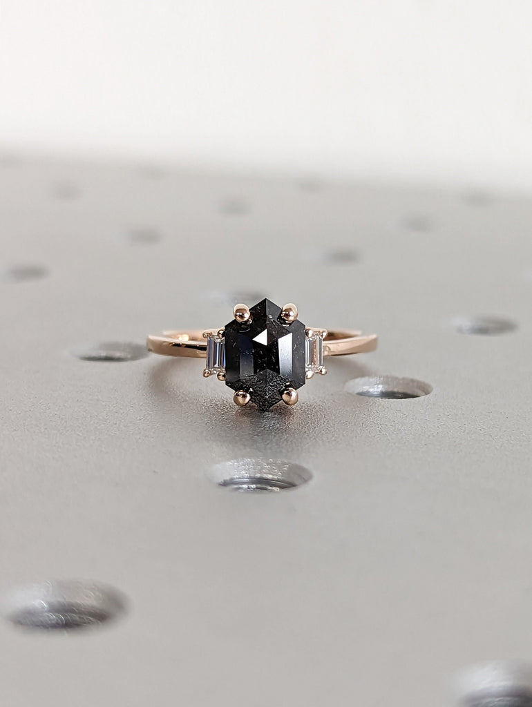 Raw Diamond Hexagon Baguette Diamond, Salt and Pepper, Unique Engagement Ring, Geometric Diamond Ring, 14k Solid Rose Gold, Custom Handmade