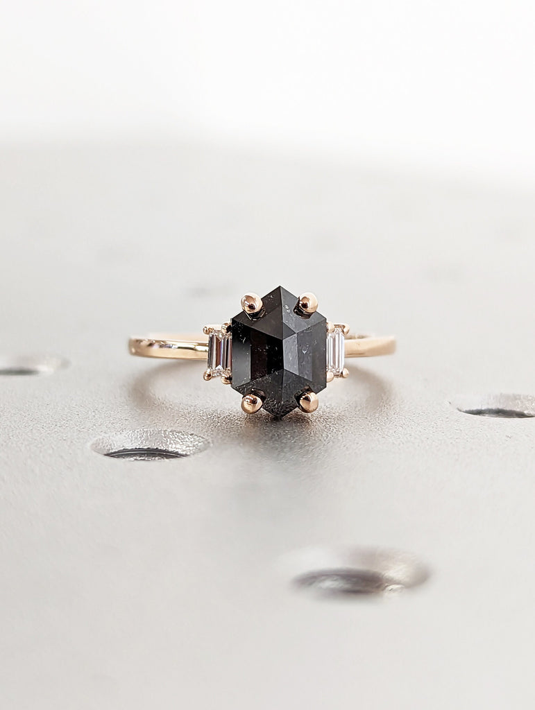 Raw Diamond Hexagon Baguette Diamond, Salt and Pepper, Unique Engagement Ring, Geometric Diamond Ring, 14k Solid Rose Gold, Custom Handmade