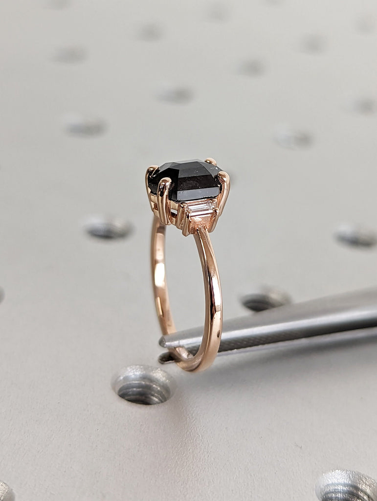 Raw Diamond Hexagon Baguette Diamond, Salt and Pepper, Unique Engagement Ring, Geometric Diamond Ring, 14k Solid Rose Gold, Custom Handmade