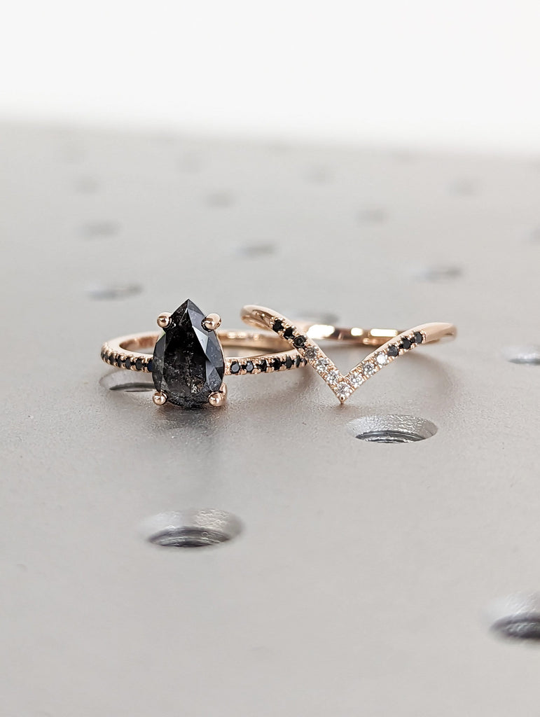 1.25 Carat 1920's Raw Salt and Pepper Diamond, Pear Diamond Ring, Unique Engagement Bridal Set, Black, Gray Pear 14k Yellow, Rose White Gold
