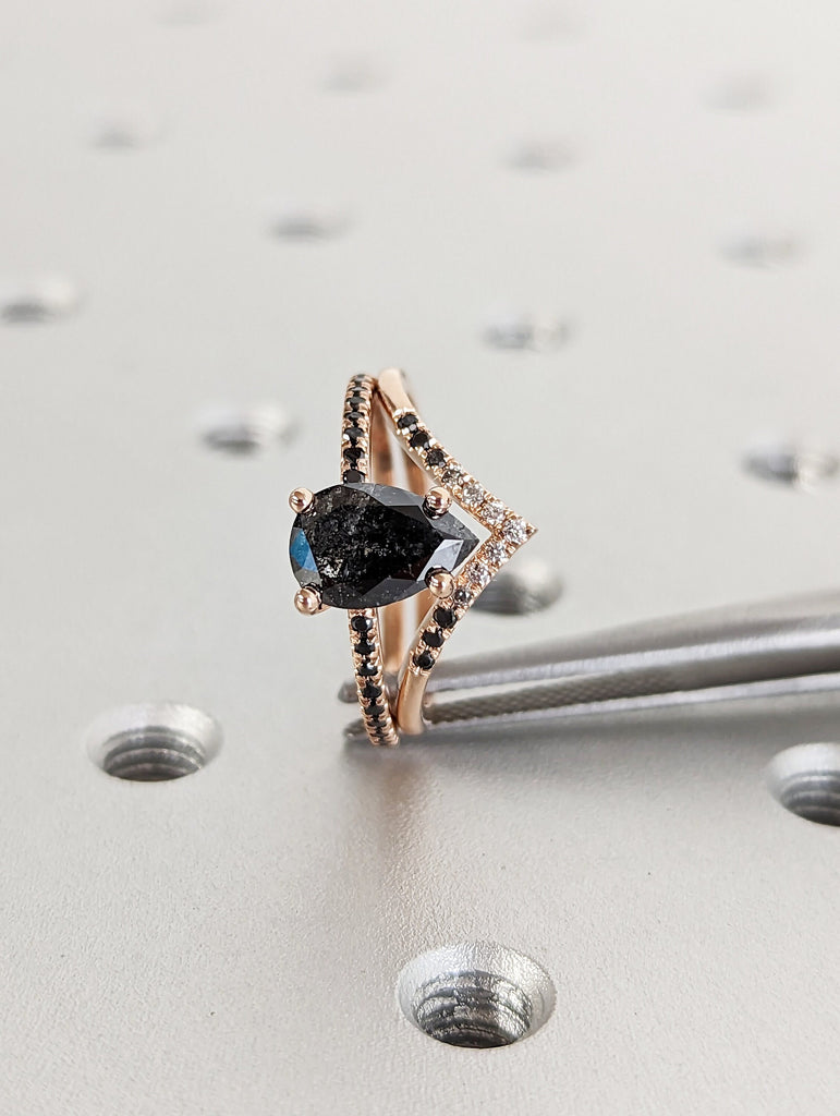 1.25 Carat 1920's Raw Salt and Pepper Diamond, Pear Diamond Ring, Unique Engagement Bridal Set, Black, Gray Pear 14k Yellow, Rose White Gold
