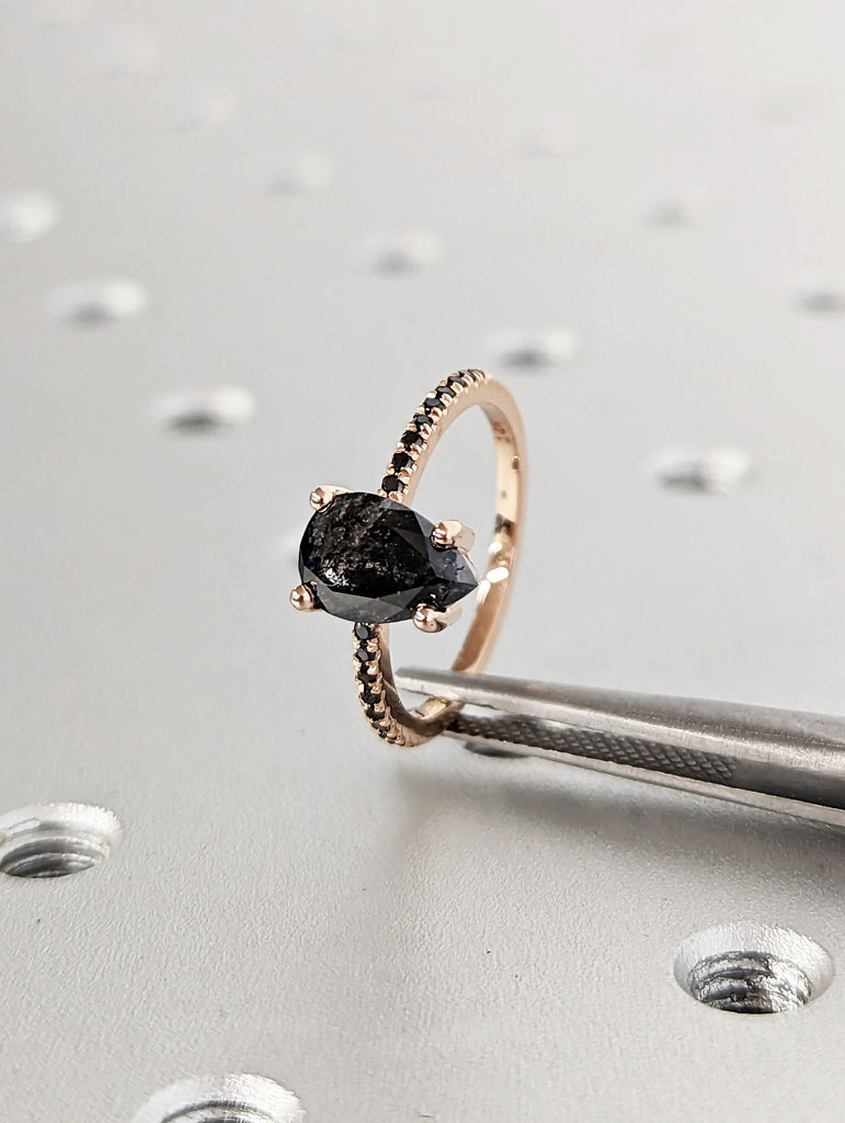 1.25 Carat 1920's Raw Salt and Pepper Diamond, Pear Diamond Ring, Unique Engagement Bridal Set, Black, Gray Pear 14k Yellow, Rose White Gold