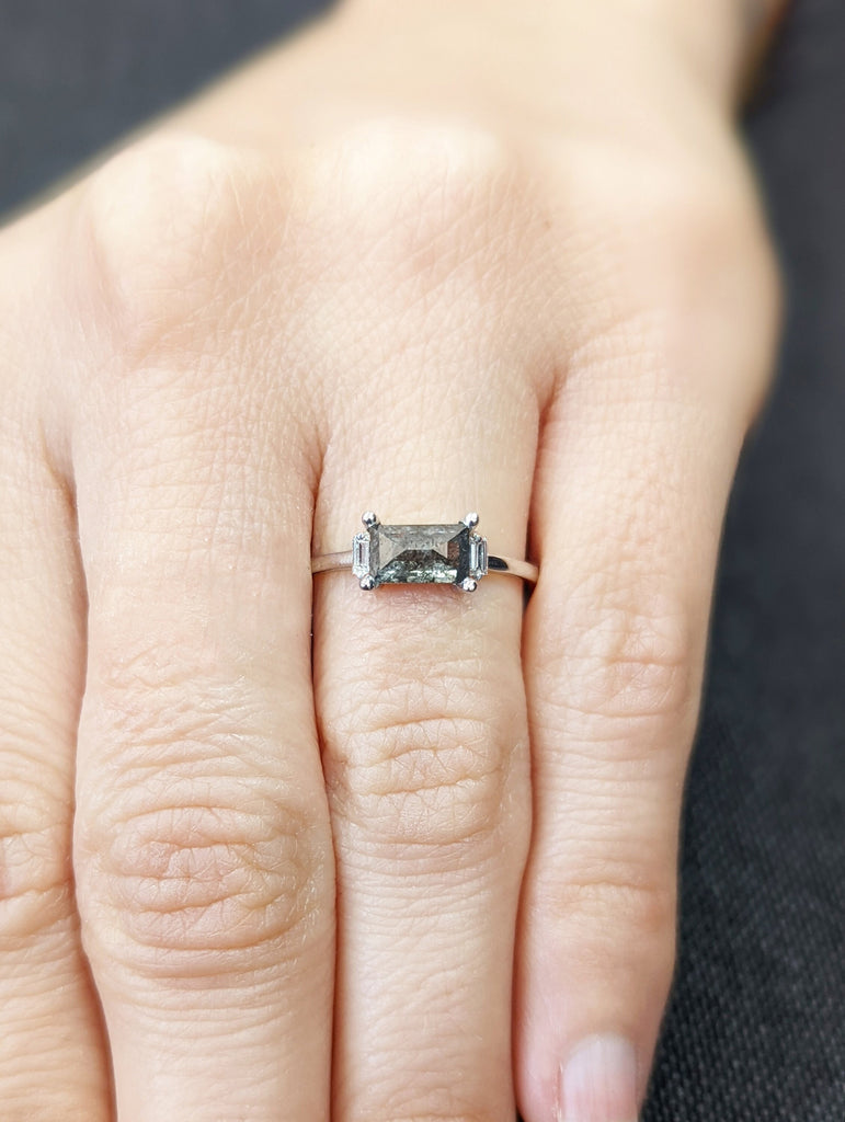 1ct Emerald Baguette Raw Salt and Pepper Diamond Gold Engagement Ring Art Deco 1920's Inspired Thin Petite Band 14k Unique Ring for Her