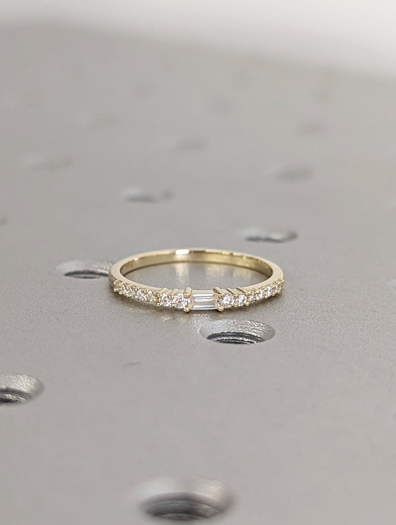 14k Gold Diamond Ring, Baguette and Round Diamonds, Solid Gold Band, Minimalist Engagement, Dainty Ring, 14k Rose, Yellow, White