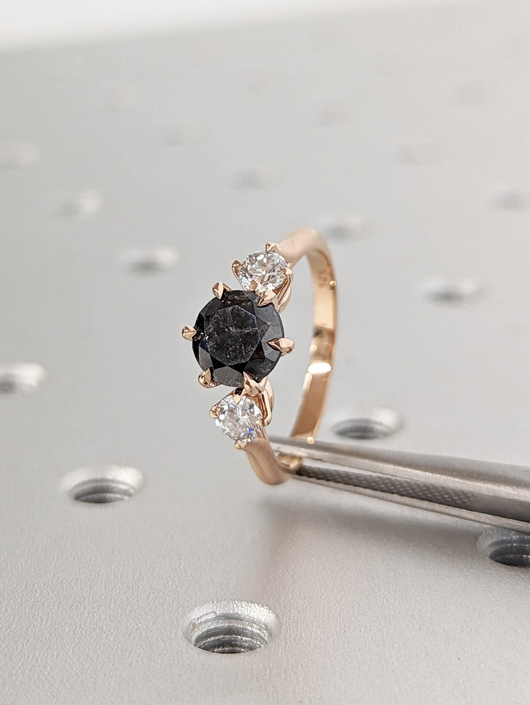 1.5 Carat 1920's Raw Salt and Pepper Diamond, Round Diamond Ring, Unique Engagement Bridal, Black, Gray Pear, 14k Yellow, Rose White Gold