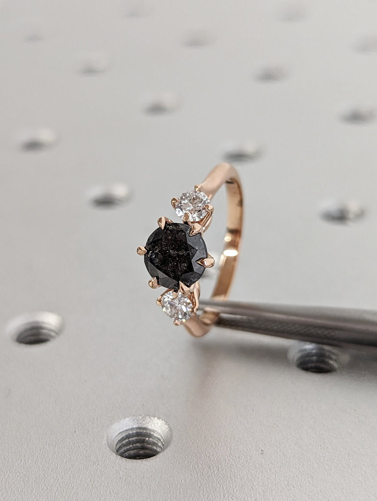 1.5 Carat 1920's Raw Salt and Pepper Diamond, Round Diamond Ring, Unique Engagement Bridal, Black, Gray Pear, 14k Yellow, Rose White Gold