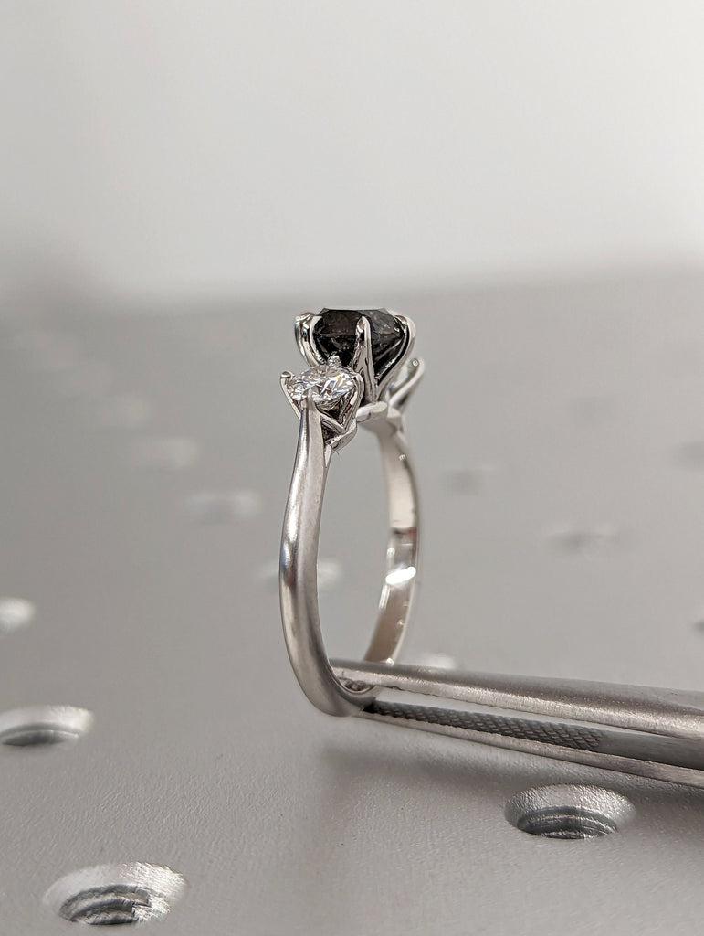 1 Carat 1920's Raw Salt and Pepper Diamond, Round Diamond Ring, Unique Engagement Bridal, Black, Gray Pear, 14k Yellow Rose White Black Gold