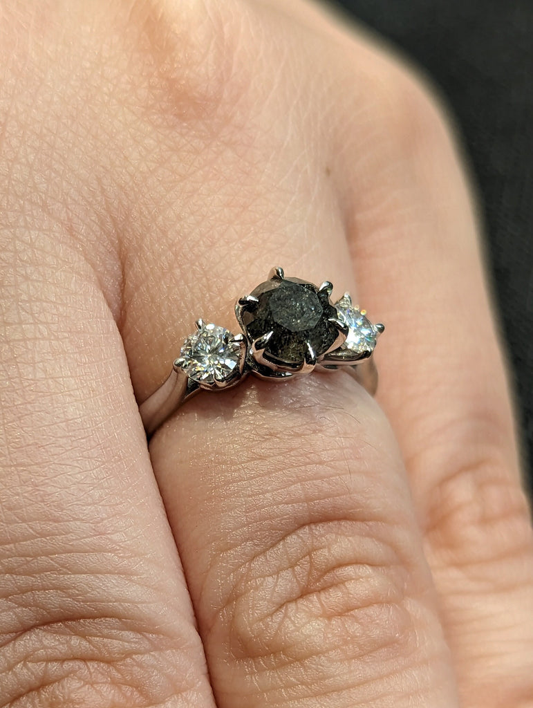 1 Carat 1920's Raw Salt and Pepper Diamond, Round Diamond Ring, Unique Engagement Bridal, Black, Gray Pear, 14k Yellow Rose White Black Gold