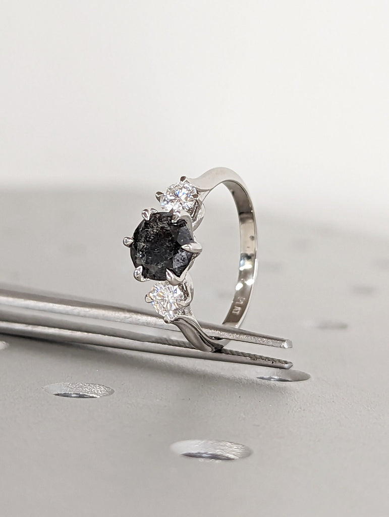 1.5 Ct 1920's Raw Salt and Pepper Diamond, Round Diamond Ring, Unique Engagement Bridal, Black, Gray Pear, 14k Yellow Rose White Black Gold