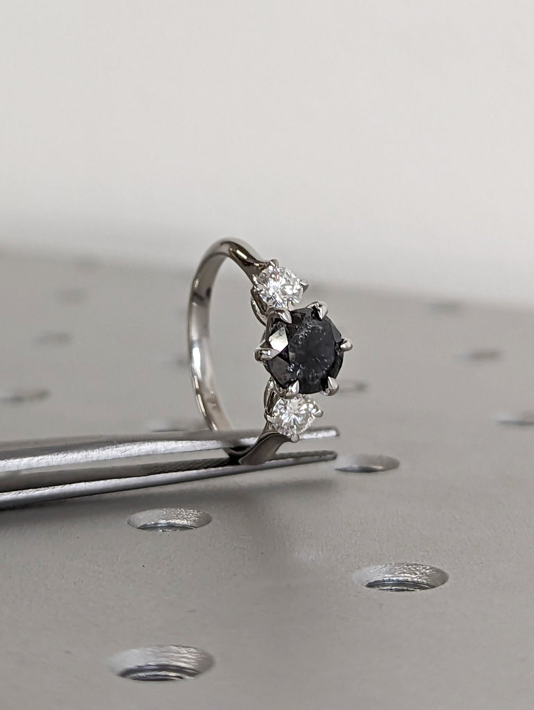 1.5 Ct 1920's Raw Salt and Pepper Diamond, Round Diamond Ring, Unique Engagement Bridal, Black, Gray Pear, 14k Yellow Rose White Black Gold