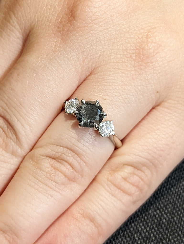 1.5 Ct 1920's Raw Salt and Pepper Diamond, Round Diamond Ring, Unique Engagement Bridal, Black, Gray Pear, 14k Yellow Rose White Black Gold