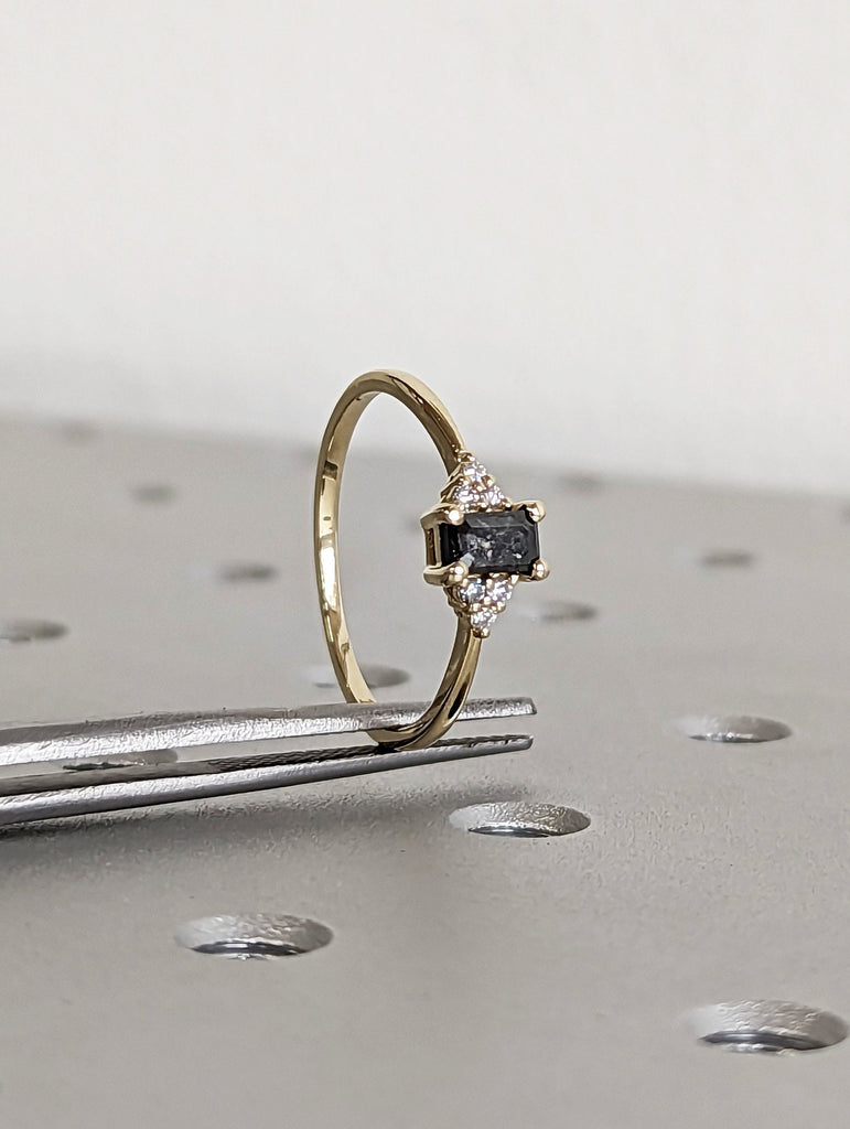 Raw Salt and Pepper Diamond, Emerald Baguette Cut Diamond Ring, Unique Engagement, Black, Gray Baguette, 14k Yellow, Rose, or White Gold