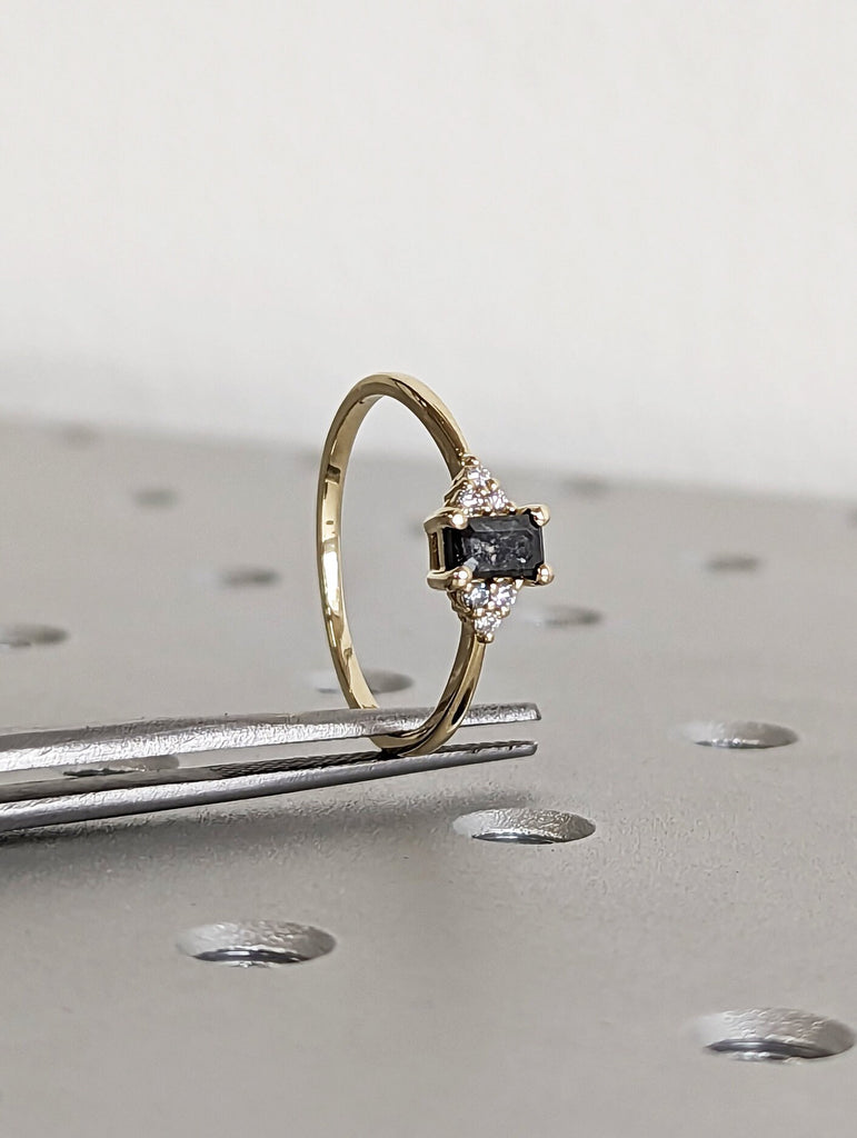 Raw Salt and Pepper Diamond, Emerald Baguette Cut Diamond Ring, Unique Engagement, Black, Gray Baguette, 14k Yellow, Rose, or White Gold