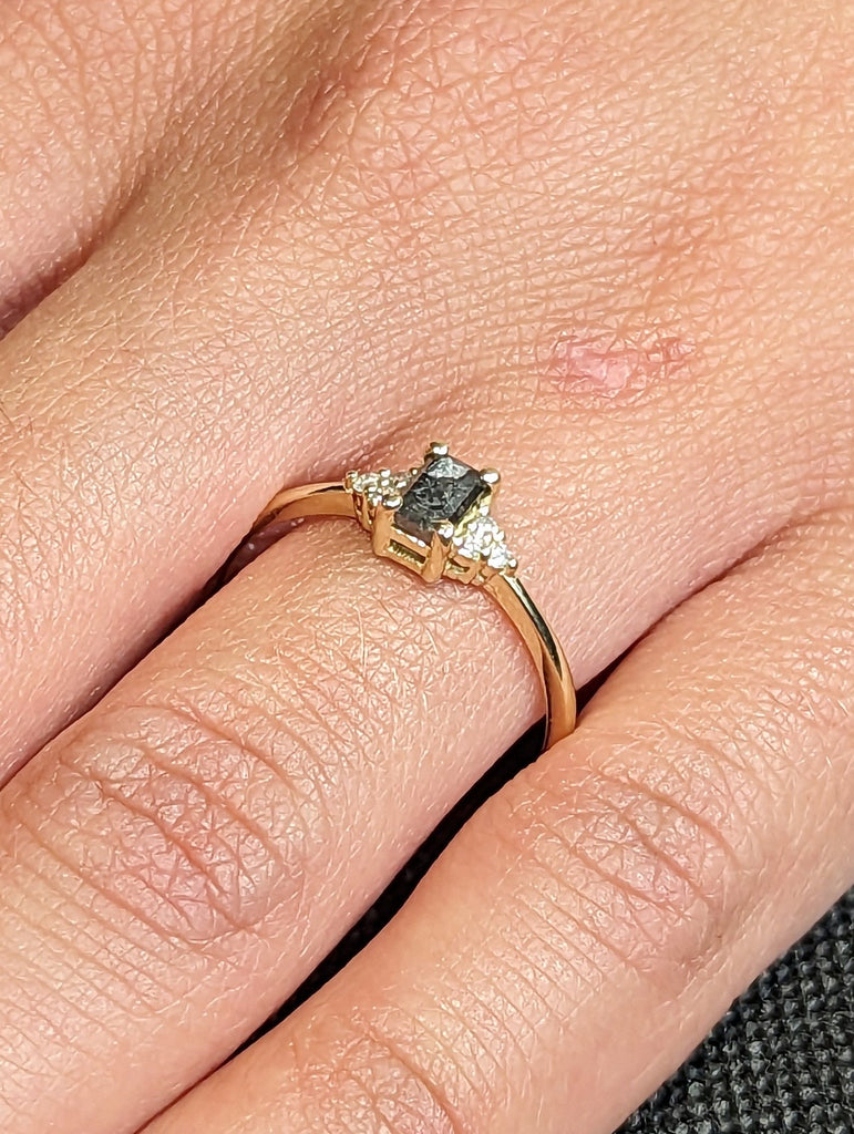 Raw Salt and Pepper Diamond, Emerald Baguette Cut Diamond Ring, Unique Engagement, Black, Gray Baguette, 14k Yellow, Rose, or White Gold