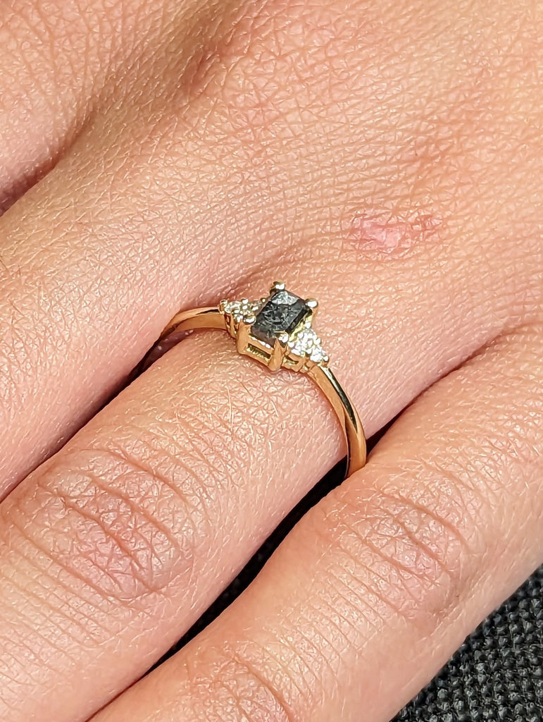 Raw Salt and Pepper Diamond, Emerald Baguette Cut Diamond Ring, Unique Engagement, Black, Gray Baguette, 14k Yellow, Rose, or White Gold