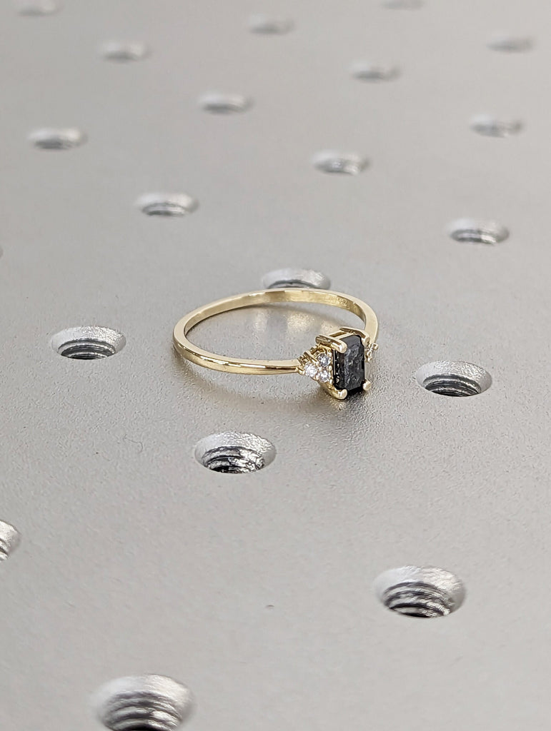 Raw Salt and Pepper Diamond, Emerald Baguette Cut Diamond Ring, Unique Engagement, Black, Gray Baguette, 14k Yellow, Rose, or White Gold