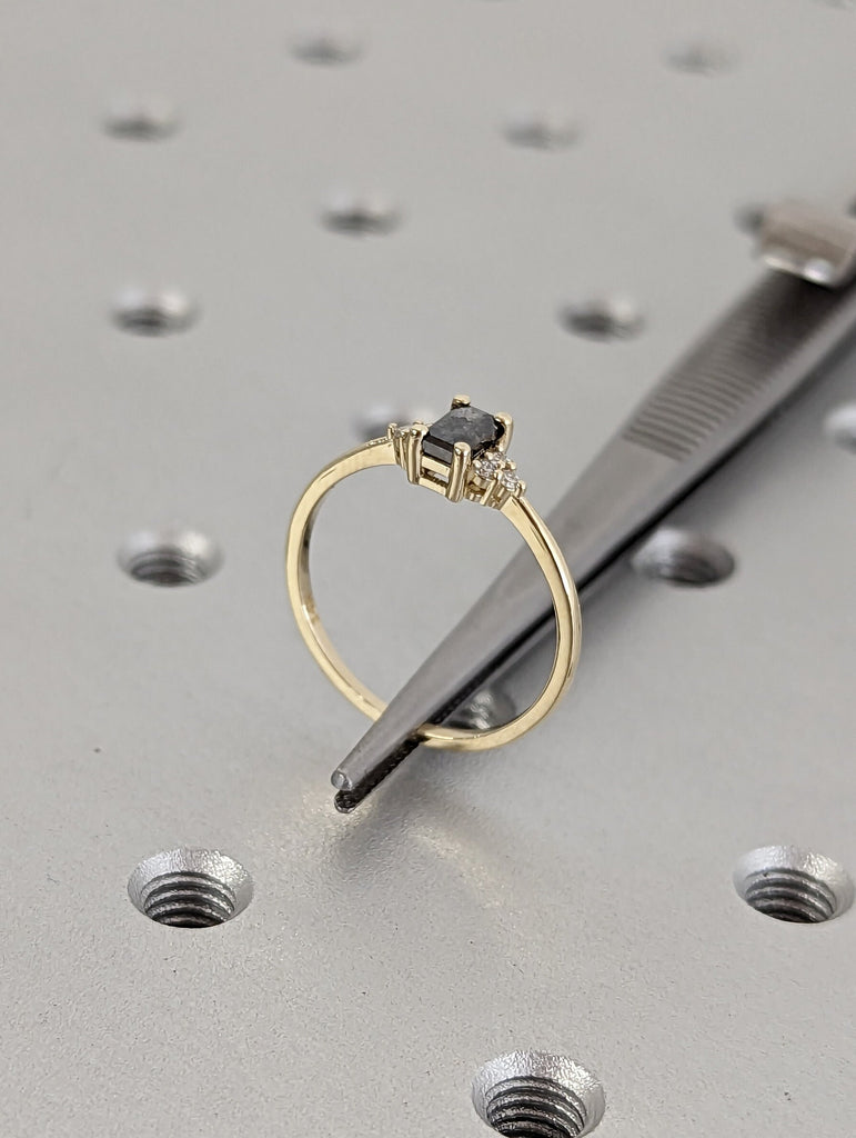 Raw Salt and Pepper Diamond, Emerald Baguette Cut Diamond Ring, Unique Engagement, Black, Gray Baguette, 14k Yellow, Rose, or White Gold