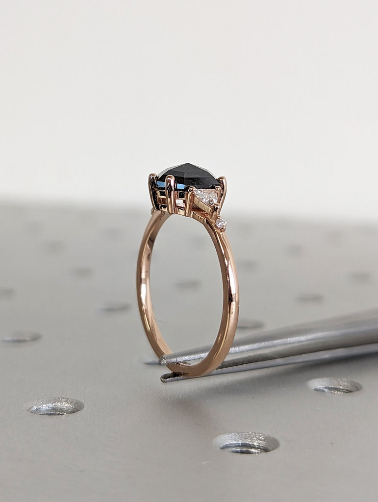 Galaxy Raw Salt and Pepper Diamond Ring- Hexagon Cut Diamond Engagement Rings- Unique Bridal Geometric Diamond Promise Ring Triangle Diamond